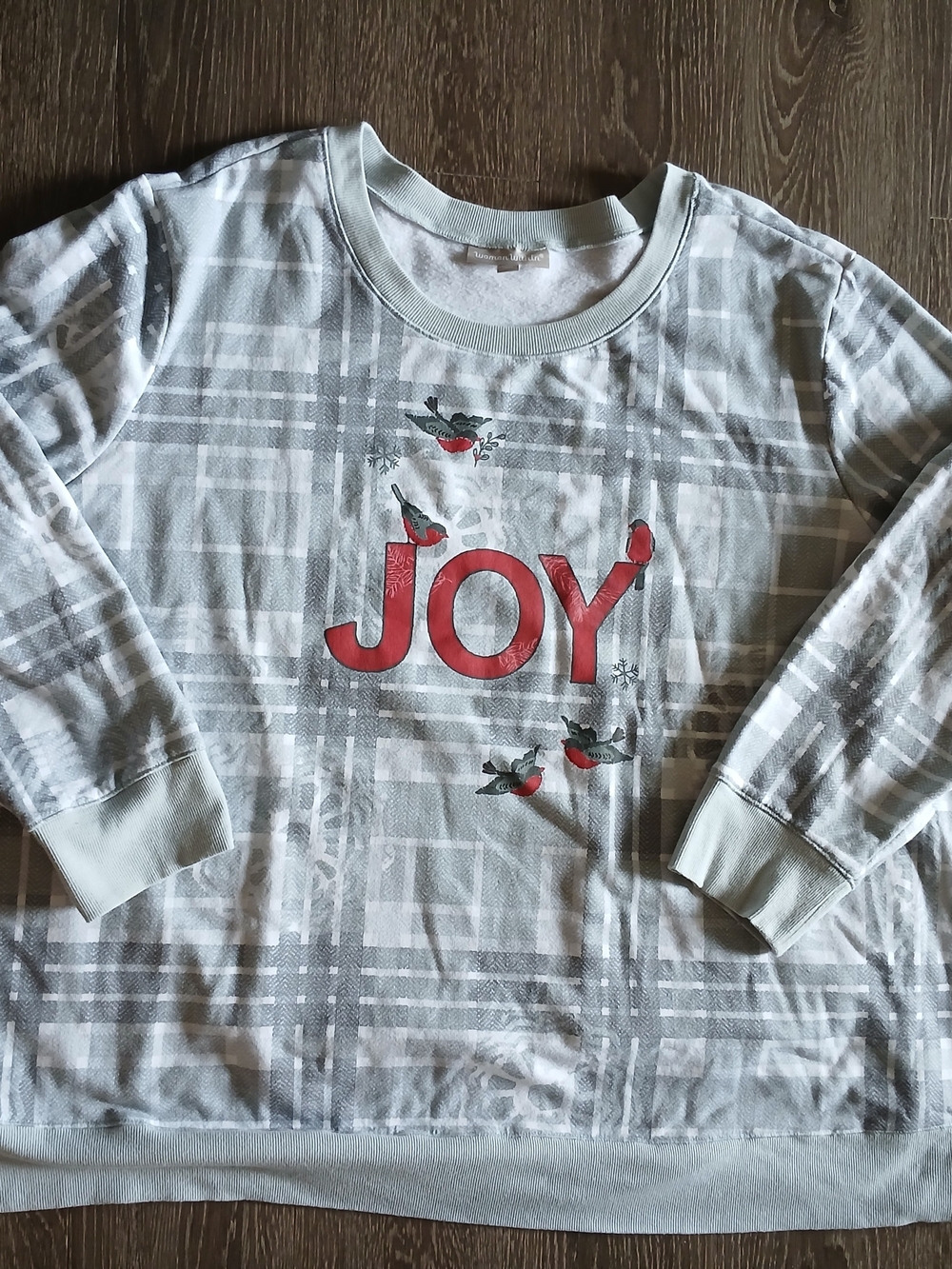 Woman Within Light Gray Plaid 'JOY' Sweatshirt with Red Holiday Graphic